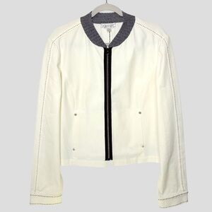 St. John Sport Women’s L Bomber Jacket Cream Knit Trim Zip